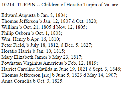 Picture of the transcription of some of the names and dates in the Turpin Bible copied from the Bible Records website