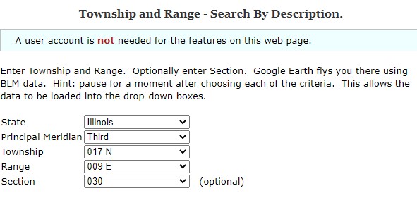 Copy of the top of the website page showing where to input the meridian, township, range, and section