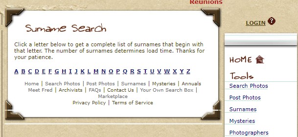 Screenshot of search box for surname search